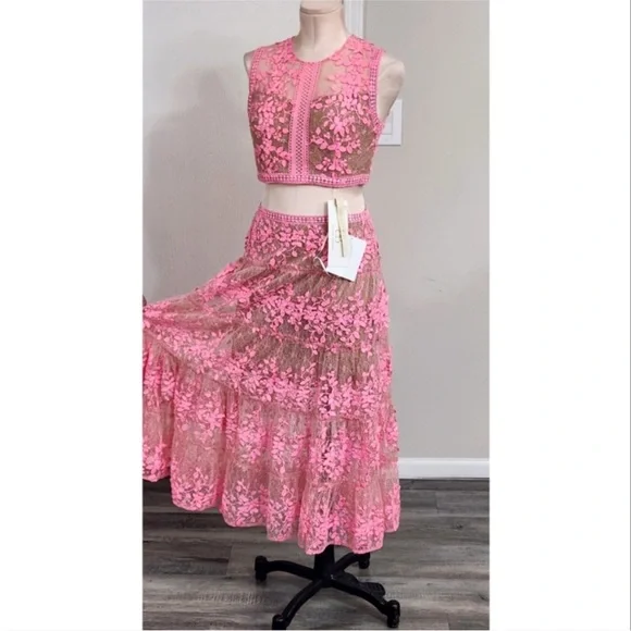 NWOT Bronx and Banco Megan lace floral pink nude two piece set top midi skirt - Picture 5 of 11